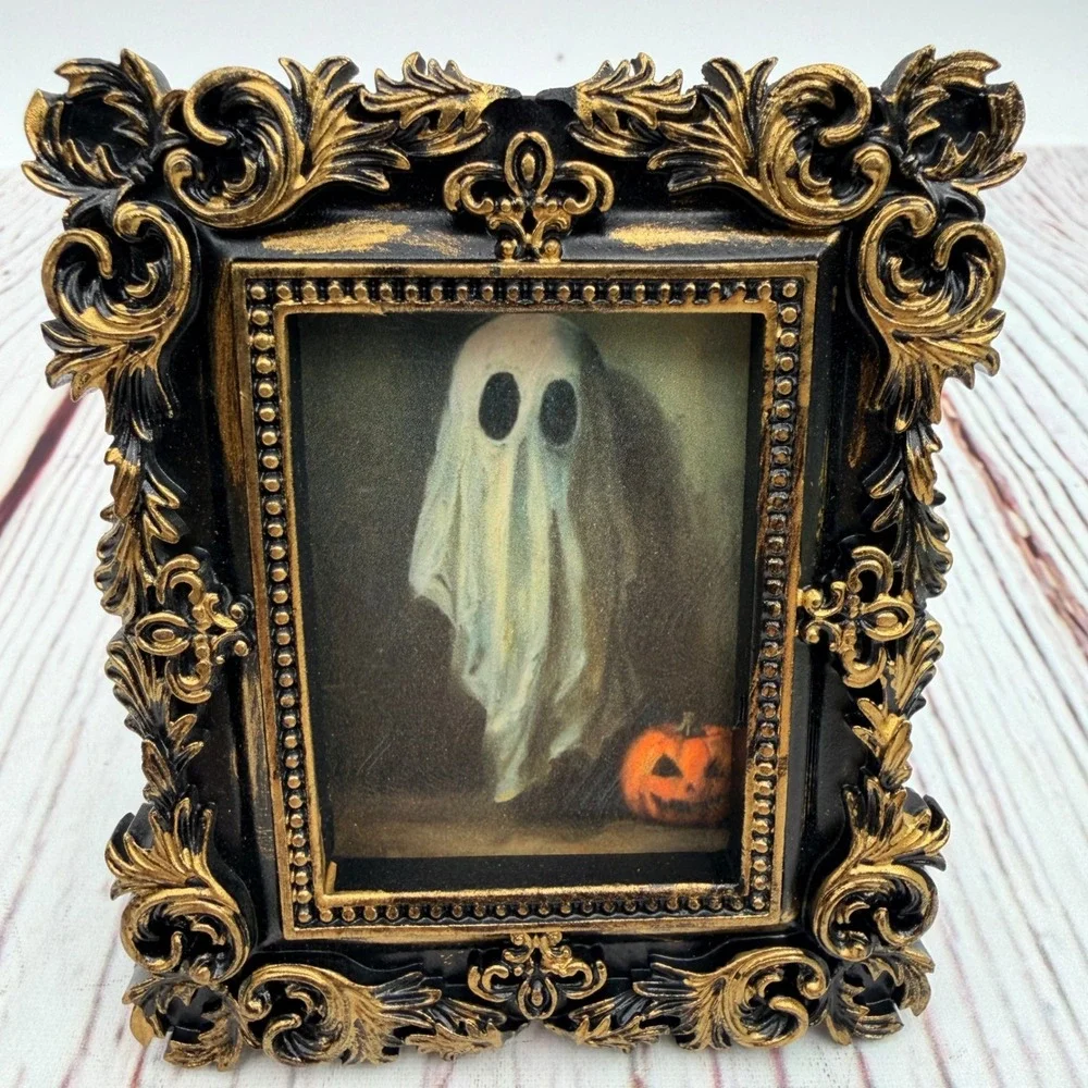 Gothic Ghost Pumpkin Decoupage Art Ornate Gold Black Resin Frame 4x3.5 Mini